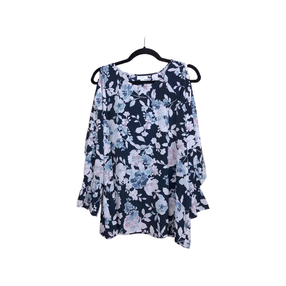 J JILL. Navy Floral Cold Shoulder Long Sleeves Tunic Top Size Large